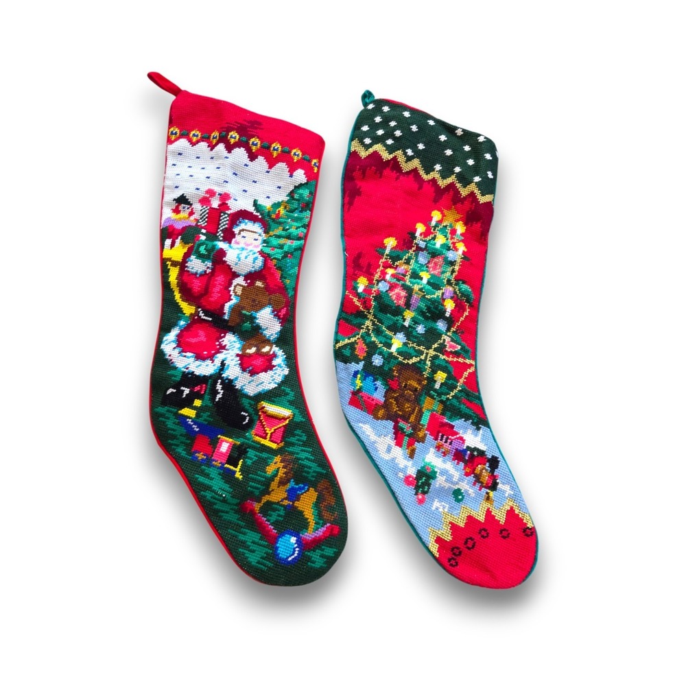 Pair Vintage Wool Needlepoint Christmas Stocking Red Green Velvet Backing 22"